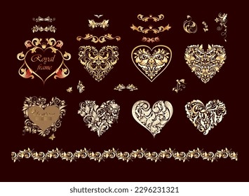 Gold ornate decorative hearts collection with floral vintage pattern for wedding invitation, heraldic signs, jubilee; anniversary celebrations. Part 4 of hearts huge set.