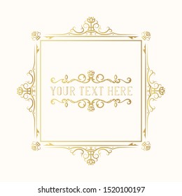 Gold ornate elegant wedding frame. Vintage filigree classic golden border for invitation card. Vector isolated hand drawn antique decor for label design.