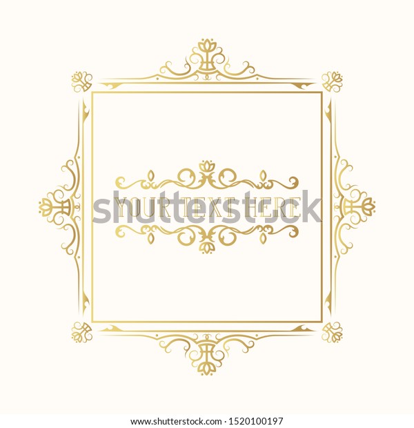 Gold ornate elegant wedding\
frame. Vintage filigree classic golden border for invitation card.\
Vector isolated hand drawn antique decor for label\
design.