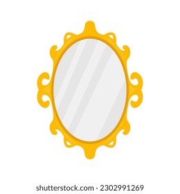 Gold ornate mirror in flat illustration. vintage decorative mirror isolated on white background. Vector illustration