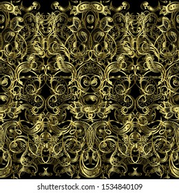 Gold ornate paisley seamless pattern on black background