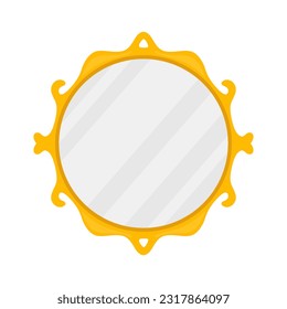 Gold ornate round mirror in flat illustration. Vintage decorative golden frame or mirror isolated on white background. Vector illustration