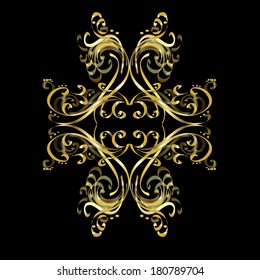 Gold ornate swirls isolated on black background. Vector illustration. 
