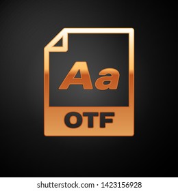 Gold OTF file document icon. Download otf button icon isolated on black background. OTF file symbol. Vector Illustration