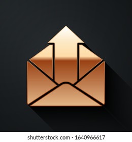 Gold Outgoing mail icon isolated on black background. Envelope symbol. Outgoing message sign. Mail navigation button. Long shadow style. Vector Illustration