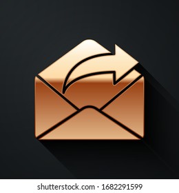 Gold Outgoing mail icon isolated on black background. Envelope symbol. Outgoing message sign. Mail navigation button. Long shadow style. Vector Illustration