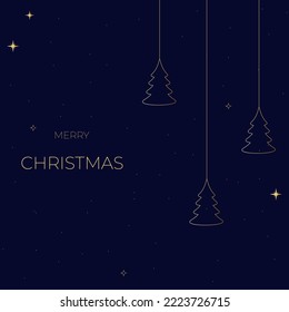 gold outline christmas decorations and starry background. elegant minimalistic greeting card
