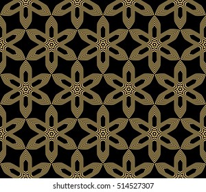 gold outline floral on sacred geometry pattern on black background. vector illustration. for design invitation, wallpaper, fabric