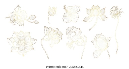 Gold outline flowers. Asian golden lotus, yoga floral bloom art elements. Indian flower, orchid and leaves. Oriental exotic plants nowaday vector set