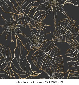 Gold outline on a black background. Large leaves seamless pattern.