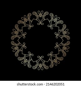 Gold outline ornamental circular pattern on black background. Card template design. Vector illustration.