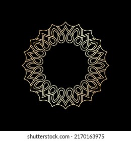 Gold outline ornamental circular pattern on black background. Card template design. Vector illustration.