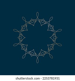 Gold outline ornamental circular pattern on dark blue background. Card template design. Vector illustration.