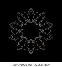 Gold outline ornamental circular pattern on black background. Card template design. Vector illustration.