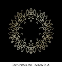 Gold outline ornamental circular pattern on black background. Card template design. Vector illustration.