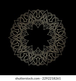 Gold outline ornamental circular pattern on black background. Card template design. Vector illustration.