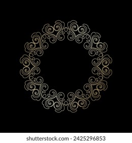 Gold outline ornamental circular pattern on black background. Card template design. Vector illustration.
