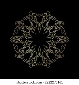 Gold outline ornamental round pattern on black background. Card template design. Vector illustration.
