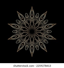 Gold outline ornamental round pattern on black background. Card template design. Vector illustration.