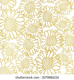 Gold outlined sunflowers seamless pattern on white background