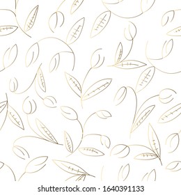 Gold outlines on white background, seamless pattern in bloom flowers, leafs and buds, vector, flat, hand drawing design 