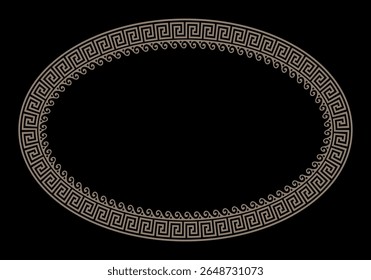 Quadro Oval dourado em estilo grego antigo isolado no fundo preto. Meandro grego. Ornamento circular. Padrões da Grécia, Roma antiga. Estilo grego vetorial. Para têxteis, bordados, porcelana, cerâmica