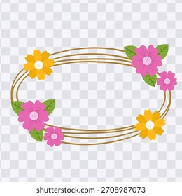 Gold oval frame border with pink and yellow flowers and leaves flat illustration vector
