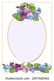 Marco ovalado dorado con ramos de flores violetas. Plantilla de fondo de lila vintage, espacio de copia para el diseño festivo de etiquetas de regalo, invitaciones, saludos, postales, anuncios, álbumes. 