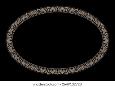 Quadro oval dourado com ornamento grego. Clássico grego floral meander. Padrões da Grécia, Roma antiga. Arredondar quadro grego. Circular a fronteira europeia. Para têxteis, gravura, bordados, porcelana, cerâmica.