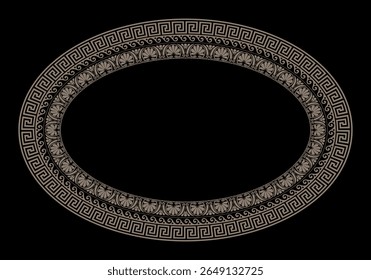 
Quadro oval dourado com ornamento grego. Chave grega clássica, onda, meandros florais. Padrões da Grécia, Roma antiga. A chave grega é sinuosa. Arredondar quadro grego. Circular a fronteira europeia. Onda vitruviana. 