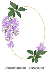 Gold oval frame with purple lilac flowers branch isolated on a white background. Vector illustration.