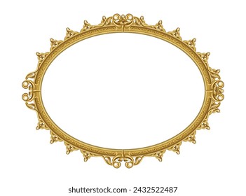 Gold oval frame. Realistic isolated element. Museum picture or photo border. Mirror decoration. Luxury decorative corner. Portrait framework. Vintage retro elegant style, shiny metal. Vector object