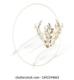 Gold oval frame with spring branches and watercolor brush smears. gold delicate border template with flowers. 