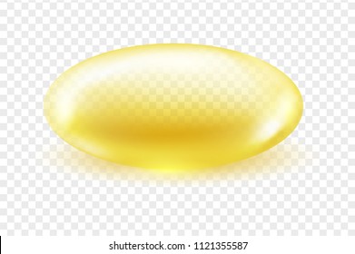 Gold oval Vitamin E or Collagen pill. Golden gel with Omega 3 oil, shiny serum drop or golden gel. Vector Illustration.