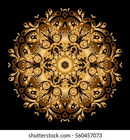 Gold Over black. Vintage Gold Pattern. Invitation Card, Scrapbooking. Decorative Indian Round Mandala on black background. Islam, Arabic, Indian, Turkish, Pakistan. Christmas Card Mandala Design.