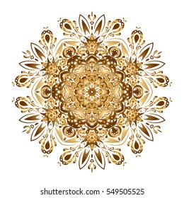 Gold Over white. Invitation Card, Scrapbooking. Vintage Gold Pattern. Christmas Card Mandala Design. Islam, Arabic, Indian, Turkish, Pakistan. Decorative Indian Round Mandala on white background.