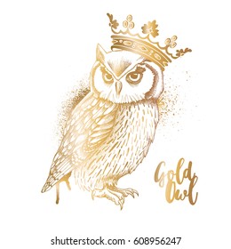 Gold Owl in a crown. Vector illustration.