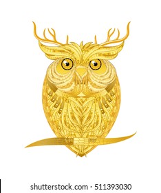 gold owl with deer horn 