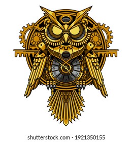 gold owl steampunk illustration and tshirt design