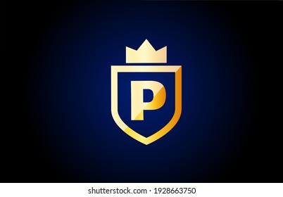 gold P alphabet letter logo icon. Design for company and business identity with shield and king crown