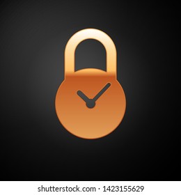 Gold Padlock with clock icon isolated on black background. Time control concept. Lock and countdown, deadline, schedule, planning symbol. Vector Illustration