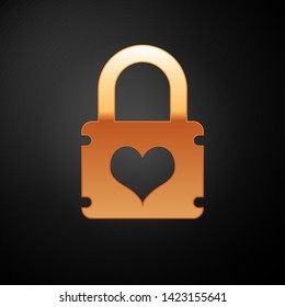 Gold Padlock with heart icon isolated on black background. Locked Heart. Love symbol and keyhole sign. Vector Illustration