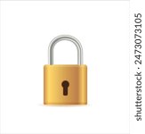 Gold padlocks set. Golden closed and open padlock isolated. Chrome locks template. Vector