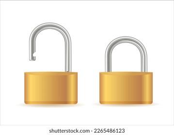 Gold padlocks set. Golden closed and open padlock isolated. Chrome locks template.Vector