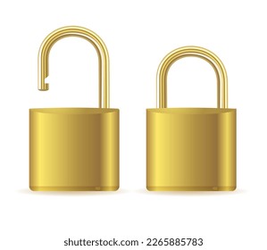 Gold padlocks set. Golden closed and open padlock isolated. Chrome locks template.Vector