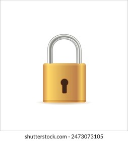 Gold padlocks set. Golden closed and open padlock isolated. Chrome locks template. Vector