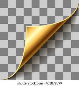 Gold page corner curl on checkered background. EPS 10 page curl template with transparency.