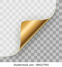 Gold page corner curl vector template. Paper document rolled up advertising design element.