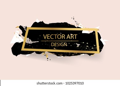 Gold paint in black square. Hand painted vector brush stroke. Perfect design for headline, logo and sale banner. Empty space for Text.