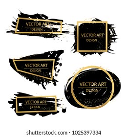 Gold paint in black square. Hand painted vector brush stroke. Perfect design for headline, logo and sale banner. Empty space for Text.